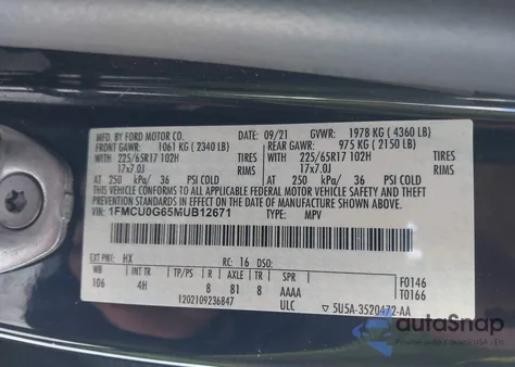 2021 Ford Escape Se z USA, uszkodzony, nr VIN 1FMCU0G65MUB12671